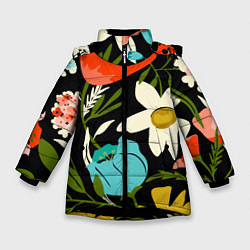 Куртка зимняя для девочки Яркие цветы на фоне тёмной летней ночи, цвет: 3D-черный