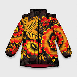 Куртка зимняя для девочки Хохломская Роспись Цветы На Тёмном Фоне, цвет: 3D-красный
