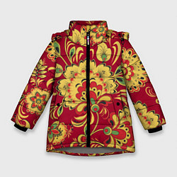Куртка зимняя для девочки Хохломская Роспись Цветы На красном Фоне, цвет: 3D-светло-серый