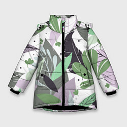 Куртка зимняя для девочки Зелёные, серые, голубые, сиреневые листья на белом, цвет: 3D-черный