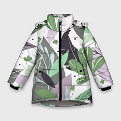 Куртка зимняя для девочки Зелёные, серые, голубые, сиреневые листья на белом, цвет: 3D-светло-серый
