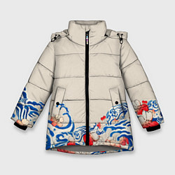 Куртка зимняя для девочки Японский орнамент волн, цвет: 3D-светло-серый