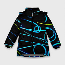 Куртка зимняя для девочки Неоновые линии во тьме - Голубой, цвет: 3D-светло-серый