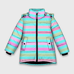 Куртка зимняя для девочки Pink turquoise stripes horizontal Полосатый узор, цвет: 3D-черный