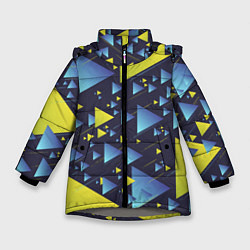 Куртка зимняя для девочки Абстракция Из Жёлтых и Синих Треугольников На Тёмн, цвет: 3D-светло-серый