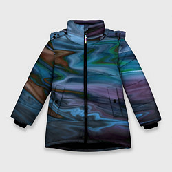 Куртка зимняя для девочки Сине-зеленый абстрактный размытый узор, цвет: 3D-черный