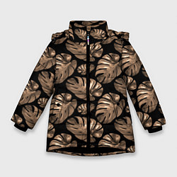 Куртка зимняя для девочки Листья цветка монстеры на черном фоне, цвет: 3D-черный
