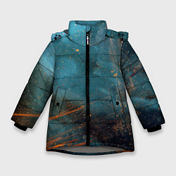 Куртка зимняя для девочки Абстрактная тёмно-синяя краска с оранжевыми мазкам, цвет: 3D-светло-серый