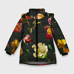 Куртка зимняя для девочки Цветы Нарисованные Красные Розы и Лилии На Коричне, цвет: 3D-светло-серый
