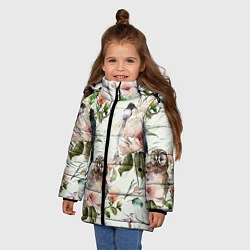 Куртка зимняя для девочки Цветы Нарисованные Магнолии и Птицы, цвет: 3D-черный — фото 2