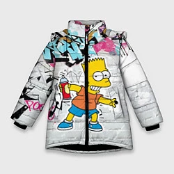 Куртка зимняя для девочки Барт Симпсон на фоне стены с граффити, цвет: 3D-черный