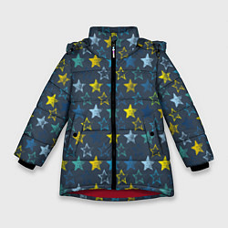 Куртка зимняя для девочки Парад звезд на синем фоне, цвет: 3D-красный