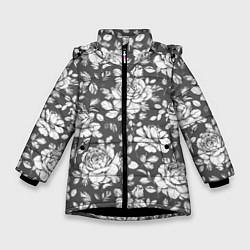 Куртка зимняя для девочки Крупные белые розы на сером фоне, цвет: 3D-черный