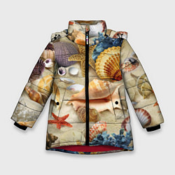 Зимняя куртка для девочки Морские раковины, кораллы, морские звёзды на песке