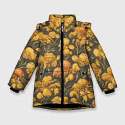 Куртка зимняя для девочки Цветы в викторианском стиле, цвет: 3D-черный