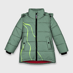 Куртка зимняя для девочки Абстрактные зеленые линии на фоне цвета хаки, цвет: 3D-красный