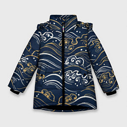 Куртка зимняя для девочки Японский узор волны, цвет: 3D-черный