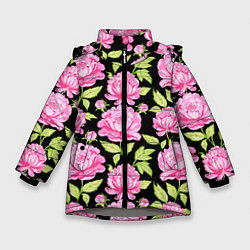 Куртка зимняя для девочки Розовые пионы на черном, цвет: 3D-светло-серый