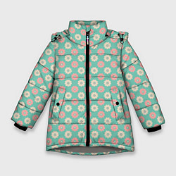 Куртка зимняя для девочки Белые и розовые цветочки, цвет: 3D-светло-серый
