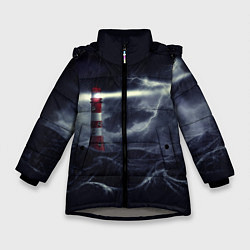 Куртка зимняя для девочки Маяк и штормовое море в ночи, цвет: 3D-светло-серый