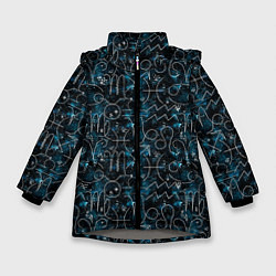 Куртка зимняя для девочки Знаки зодиака и звезды на сине- черном фоне, цвет: 3D-светло-серый