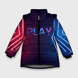 Куртка зимняя для девочки Play неоновые буквы и красно синие полосы, цвет: 3D-светло-серый