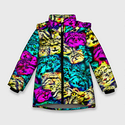 Куртка зимняя для девочки Психоделические манулы, цвет: 3D-светло-серый