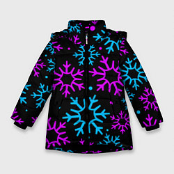 Куртка зимняя для девочки Неоновые снежинки, цвет: 3D-черный