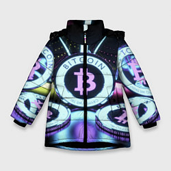 Куртка зимняя для девочки Неоновый светящийся биткоин, цвет: 3D-черный