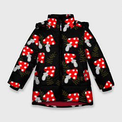 Зимняя куртка для девочки Мухоморы на черном фоне