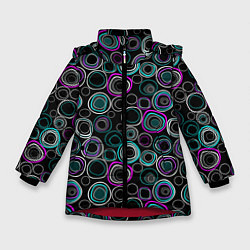 Зимняя куртка для девочки Узор ретро круги и кольца на черном фоне