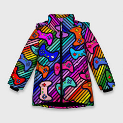 Куртка зимняя для девочки Многоцветные полоски с джойстиками, цвет: 3D-черный