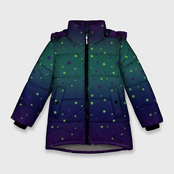 Куртка зимняя для девочки Неоновые зеленые и сиреневые звезды на темно зелен, цвет: 3D-светло-серый