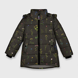 Куртка зимняя для девочки Полевые растения на темном фоне, цвет: 3D-светло-серый