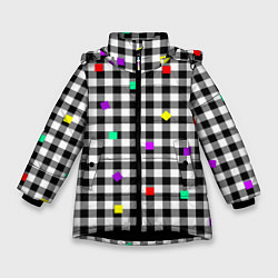 Зимняя куртка для девочки Черно-белая клетка с цветными квадратами