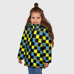 Куртка зимняя для девочки Желто-синий клетчатый яркий неоновый узор, цвет: 3D-светло-серый — фото 2