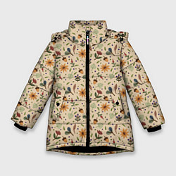 Куртка зимняя для девочки Растения на бежевом фоне, цвет: 3D-черный