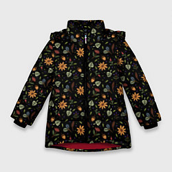 Куртка зимняя для девочки Уютные растения на чёрном фоне, цвет: 3D-красный