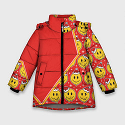 Куртка зимняя для девочки Новогодние смайлы, цвет: 3D-светло-серый