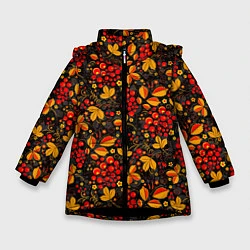 Куртка зимняя для девочки Красная рябина хохломой, цвет: 3D-черный