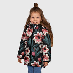Куртка зимняя для девочки Эффект вышивки цветы, цвет: 3D-черный — фото 2