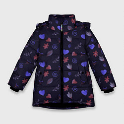 Куртка зимняя для девочки Паттерн с сердечками и цветами, цвет: 3D-черный