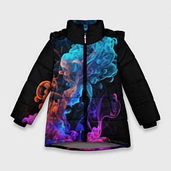 Куртка зимняя для девочки Неоновый цветной дым на черном фоне, цвет: 3D-светло-серый