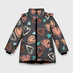 Куртка зимняя для девочки Много сердец, цвет: 3D-черный