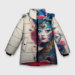 Куртка зимняя для девочки Japan girl - tattoo - art, цвет: 3D-красный