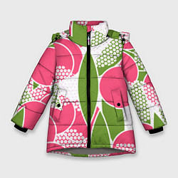 Куртка зимняя для девочки Абстракция круги и зеленый лист, цвет: 3D-светло-серый