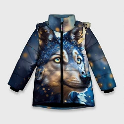 Куртка зимняя для девочки Волк на синем фоне, цвет: 3D-черный