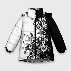 Зимняя куртка для девочки Черно-белая птица среди узорчатых цветов
