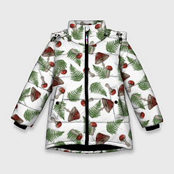 Зимняя куртка для девочки Мухоморы и папоротник на белом - паттерн