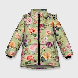 Куртка зимняя для девочки Акварельные цветы - паттерн зеленый, цвет: 3D-светло-серый
